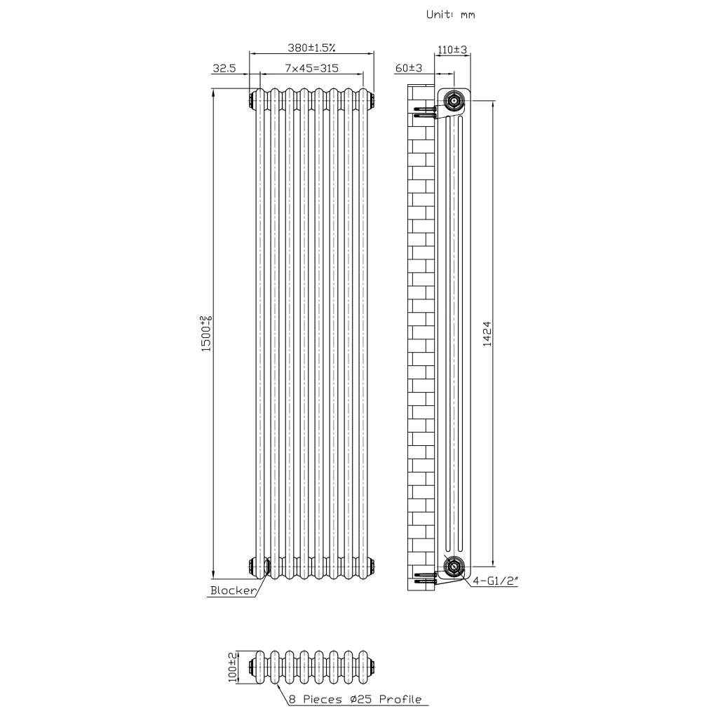 Radiatore 3 Colonne Verticale Metallo Grezzo 1500 x 380 mm TRV