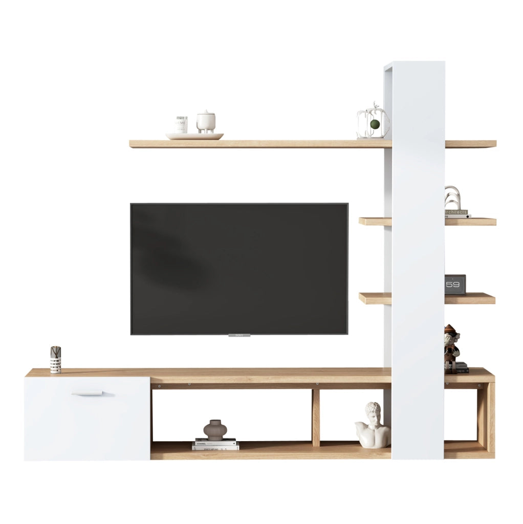 Mobile TV da parete 180x33.5x151.5 cm per TV fino a 60 pollici con ripiani e anta in truciolare bianco e naturale