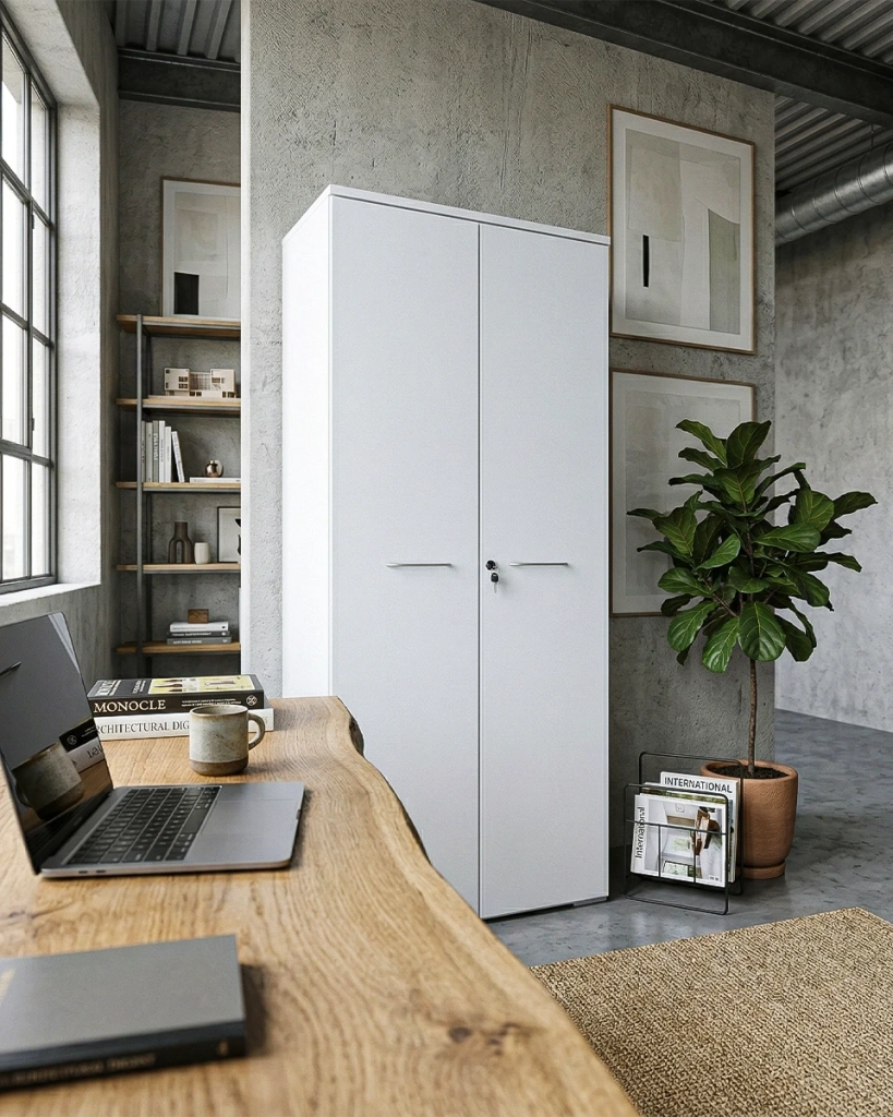 Armadio ufficio Nevada - Mobile archivio 2 ante con serratura - 4 mensola incluse - L. 90 x H. 199 x P. 42,5 cm – Bianco_