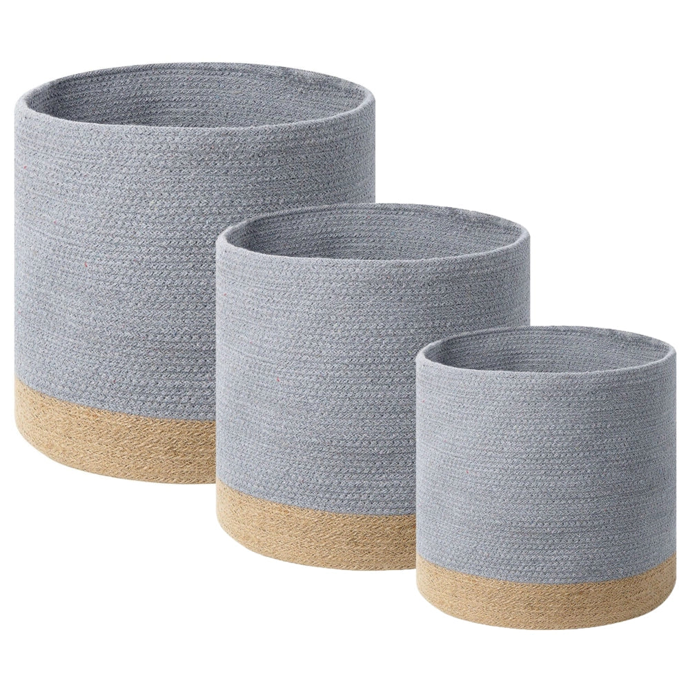 Set di 3 cestini portaoggetti in cotone iuta grigio e naturale portabiancheria Boho