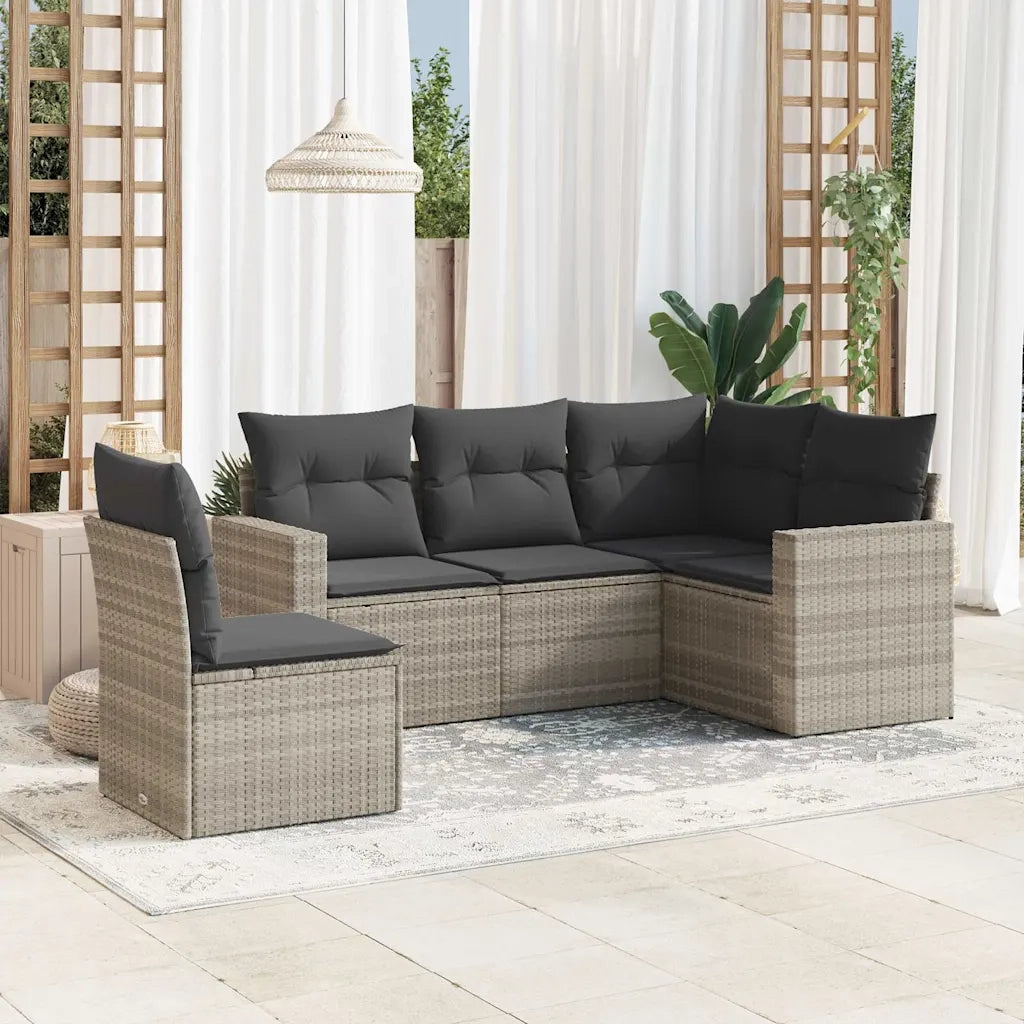 Set Divano da Giardino 5pz | Set Salotto da Giardino con Cuscini Grigio Chiaro Polyrattan