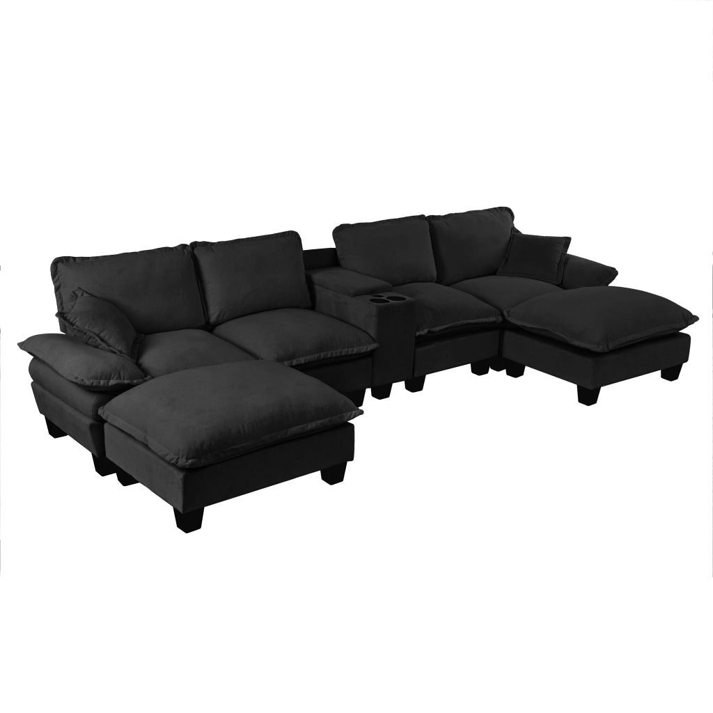 Divano panoramico a U modulare con contenitore; USB e portabicchieri in chenille - nero 362×151×90 cm