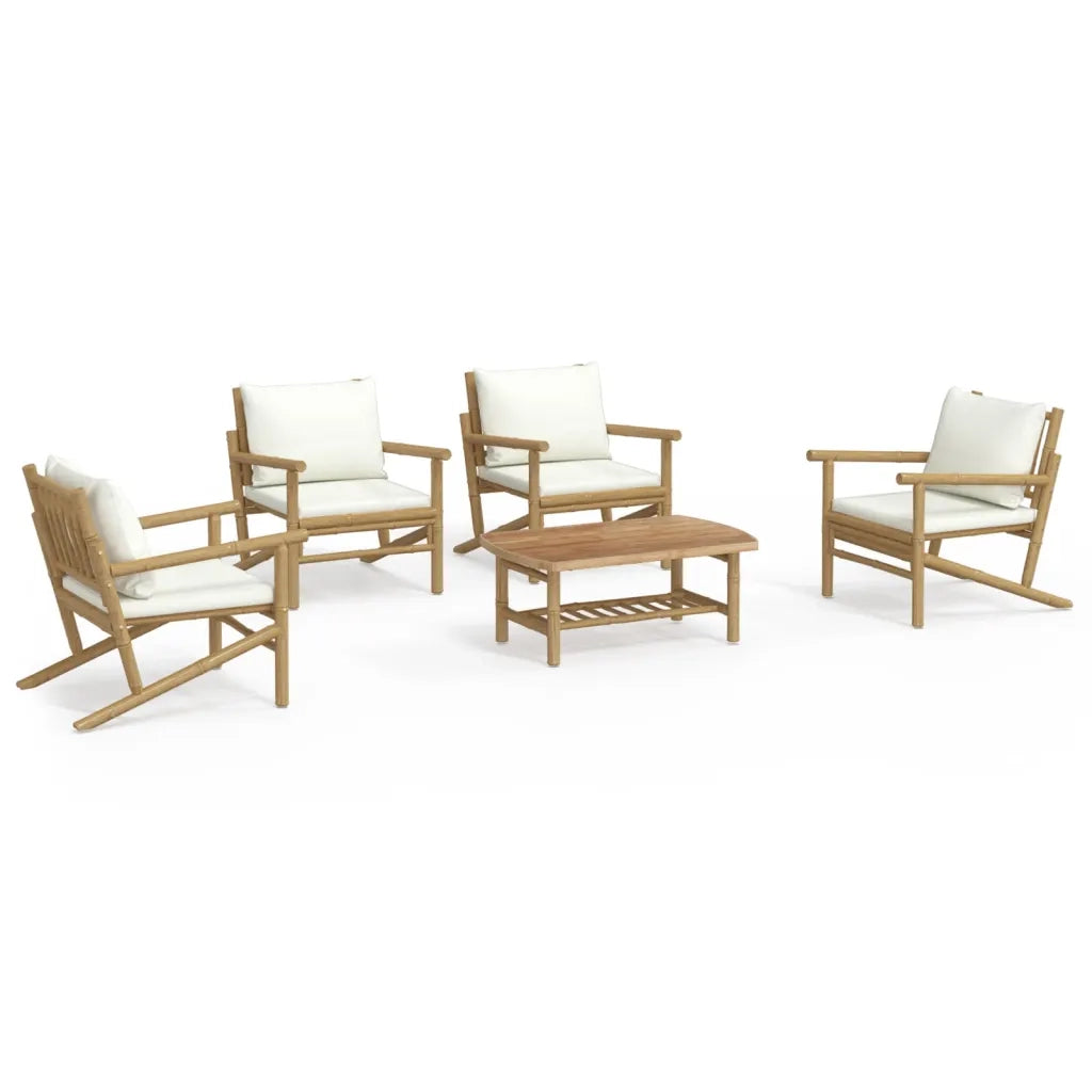 Set Salotto da Giardino 5pz con Cuscini Bianco Crema in Bambù 3156477