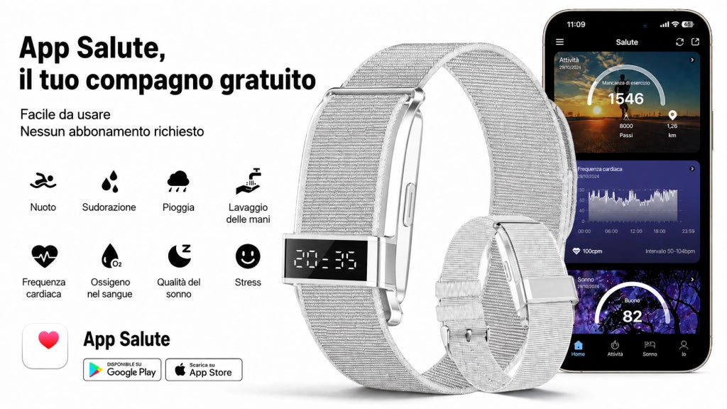 Smartwatch Orologio connesso con display nascosto; monitoraggio 24 ore su 24 della salute: battito cardiaco; HRV; SpO2 e sonno; 2 braccialetti; app gratuita per iOS e Android - Argento