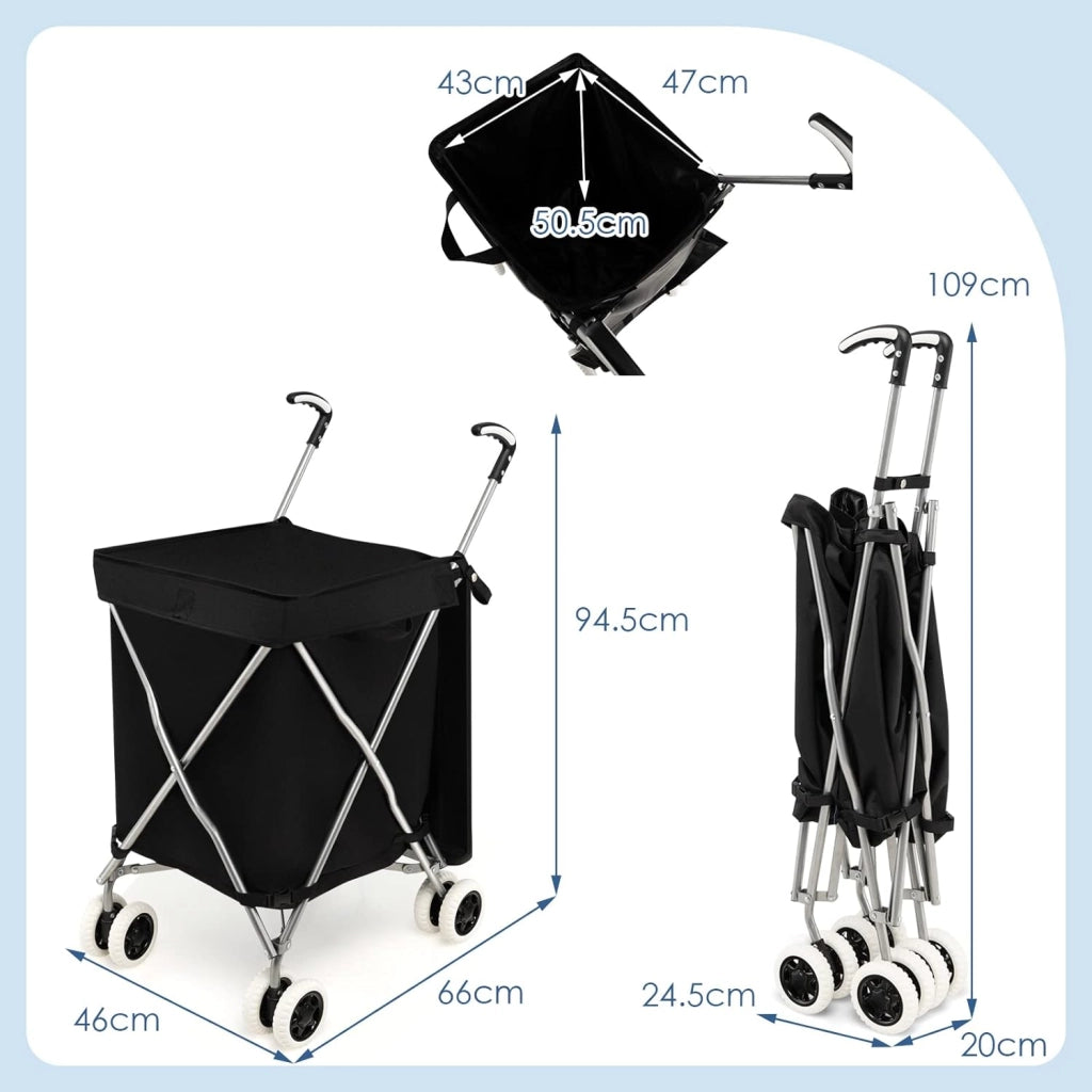 Carrello Spesa Pieghevole con Ruote, Carrello Portaspesa con Fodera in Tessuto Oxford Rimovibile e Impermeabile, 90L, Capacità di peso 55 kg (Nero)
