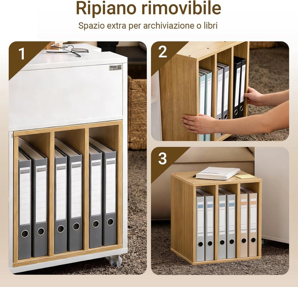 Carrello Ufficio con Ruote – Cassettiera Mobile e Supporto Stampante, Mobile da Ufficio con Piano Ribaltabile, Cassetto e Libreria Rimovibile, Bianco, L30 x P61 x H70 cm, FBT134-W