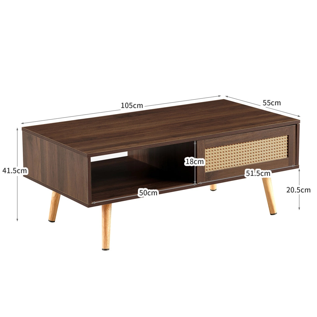Tavolino da caffè in MDF con anta scorrevole in rattan; 105 x 55 x 40 cm; marrone