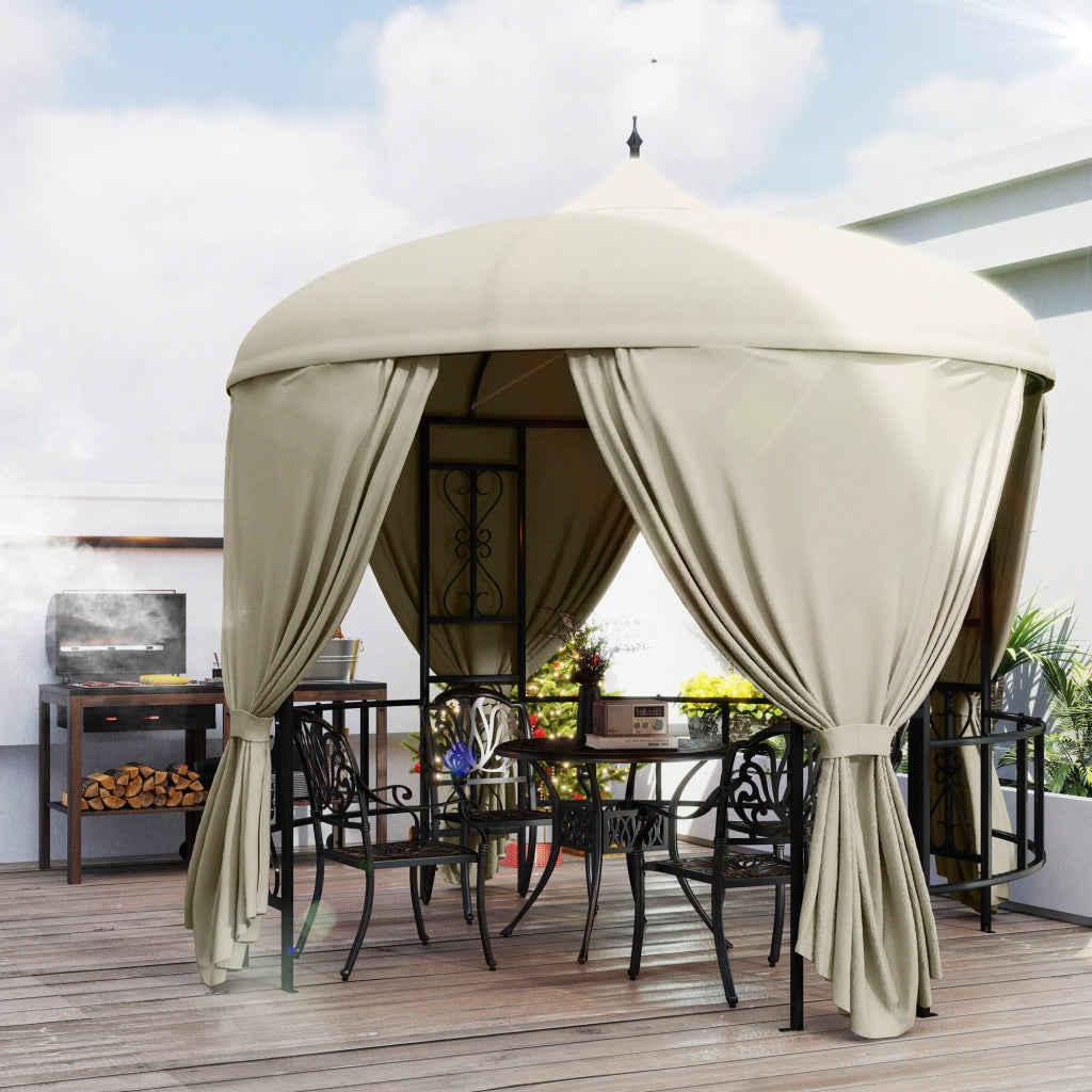 Gazebo da Giardino Rotondo ?3m con Tende e Prese d'Aria in Metallo e Poliestere, Beige