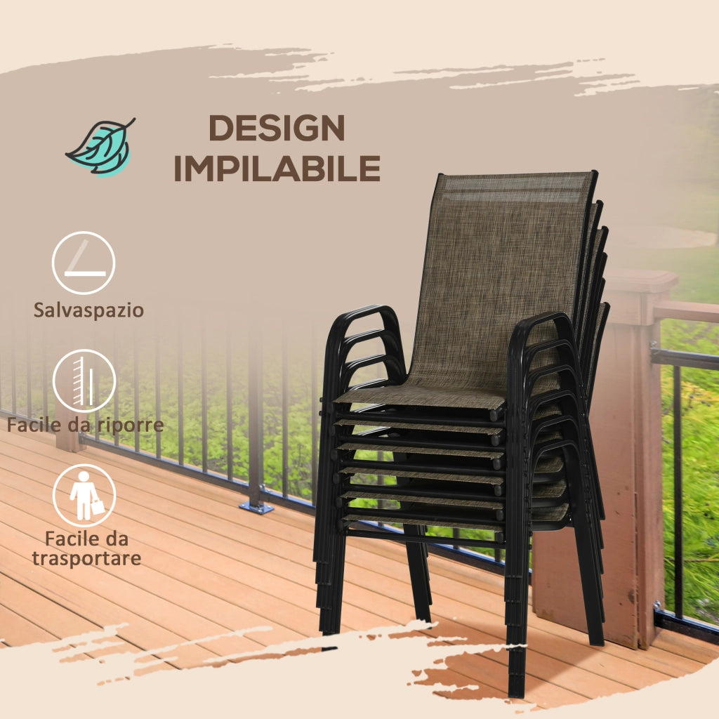 Sedia da Giardino Set 6 Pezzi ¨C zephmum ¨C Impilabile in Metallo e Tessuto, Marrone