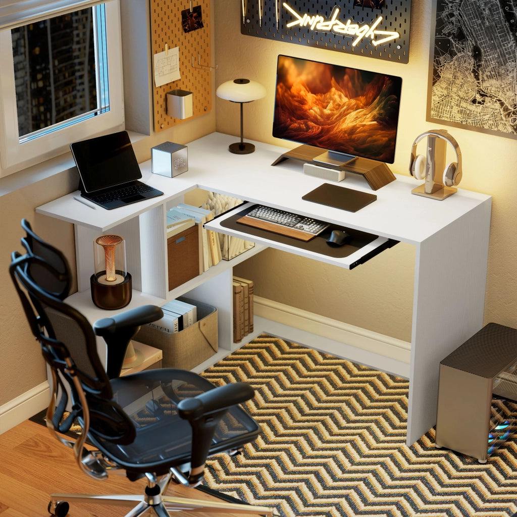 Scrivania Angolare Legno con Ripiani e Cassetto Tastiera ¨C zephmum ¨C Bianco 120x100x76