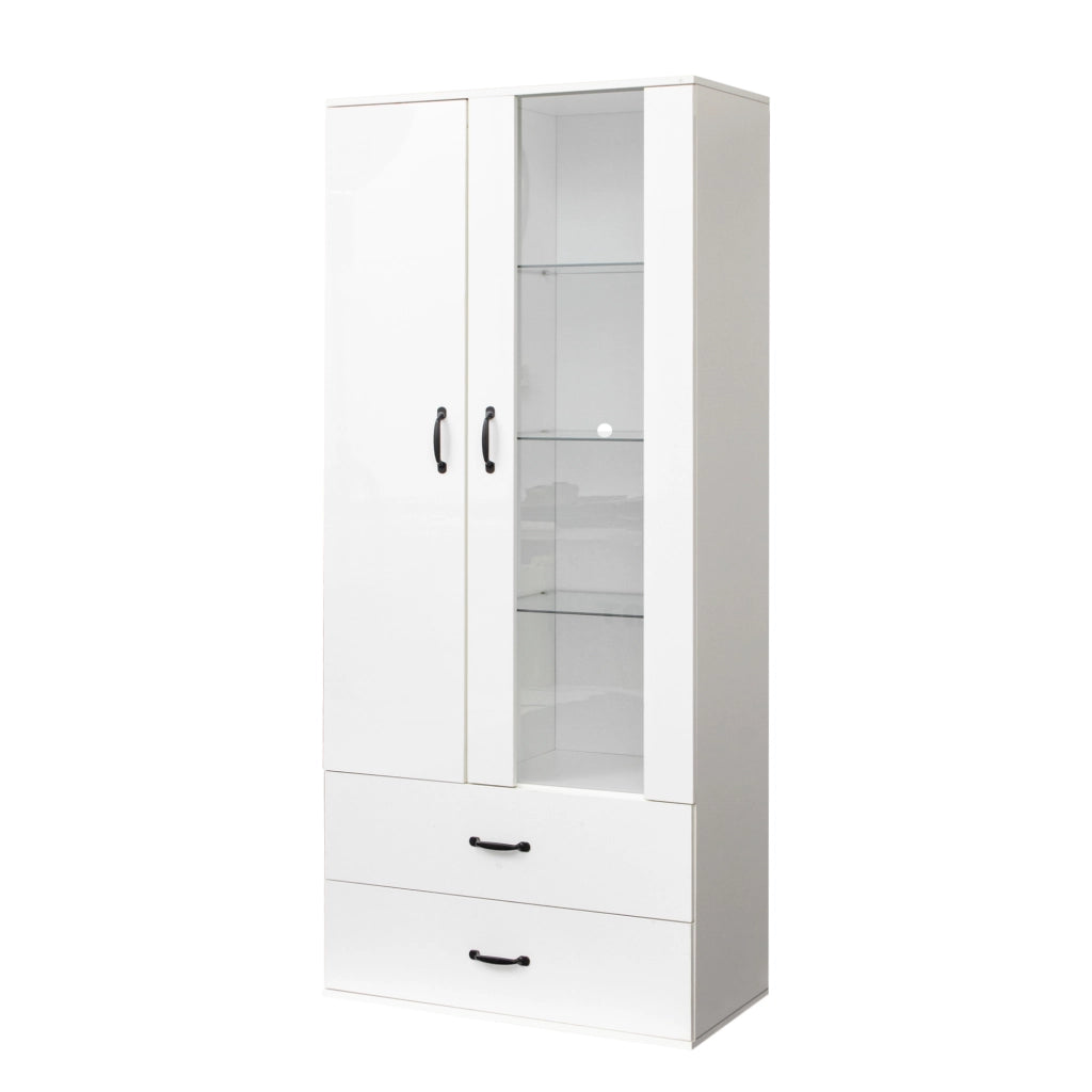 Vetrina LED bianca con 2 ante e 2 cassetti, mobile espositore da terra in truciolare 59,5x35x182 cm