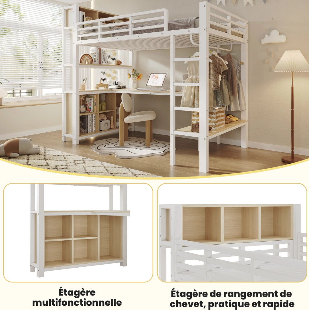 Letto a soppalco 90x200 cm con scrivania; appendiabiti; ripiani e vani portaoggetti; bianco