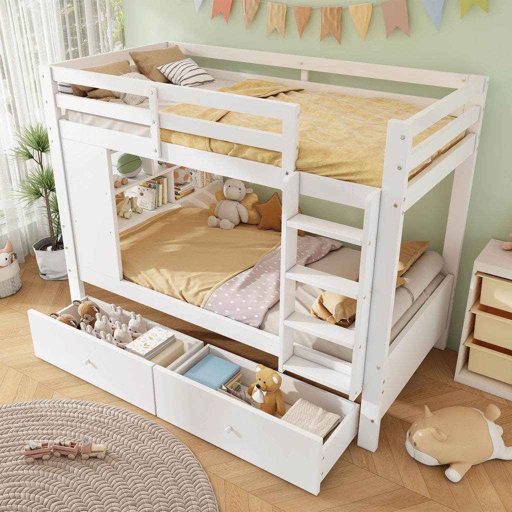 Letto a Castello 90 x 200 cm e 90 x 200 cm; 2 Posti - 2 Cassetti; Scala e Scaffale