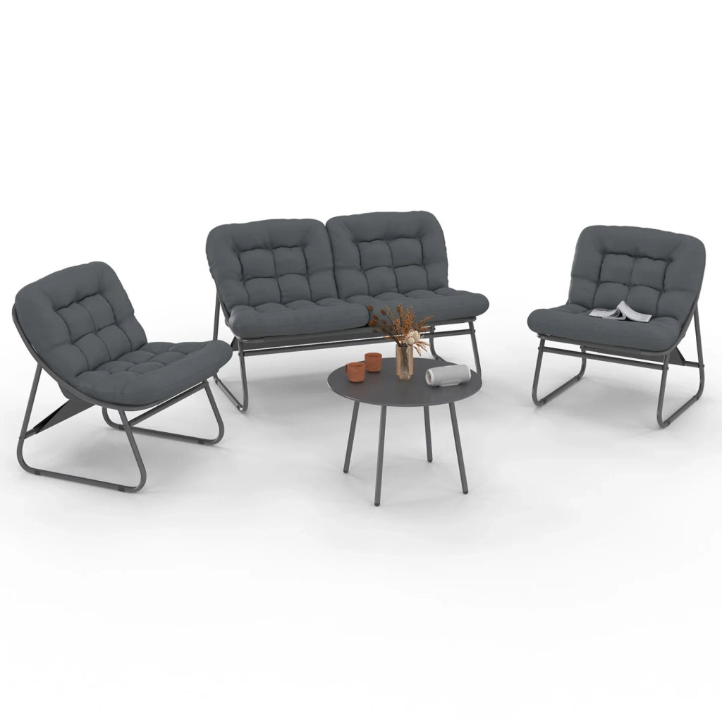 IDMarket - Set di mobili da giardino basso ARONA a 4 posti in metallo grigio antracite e cuscini grigi con divano, poltrone e tavolo