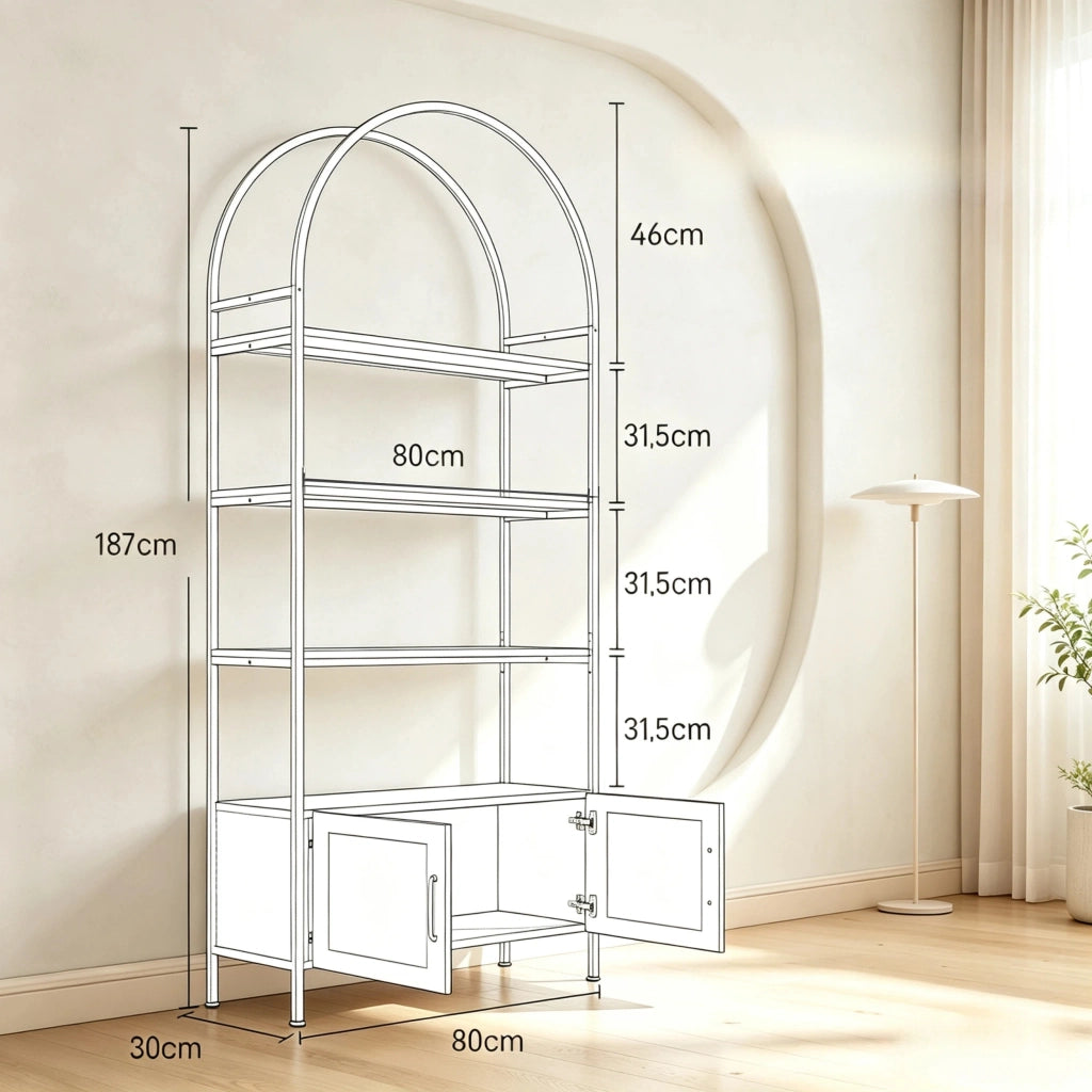 Libreria ad arco a 4 livelli con armadio a doppia porta, scaffale autoportante bianco