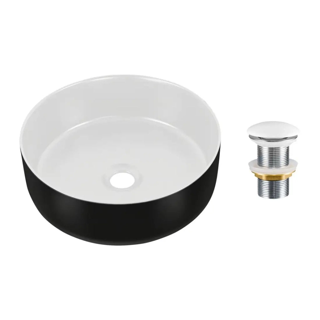 Lavabo da appoggio rotondo 36 cm bicolore nero opaco e bianco opaco in ceramica con piletta clic-clac