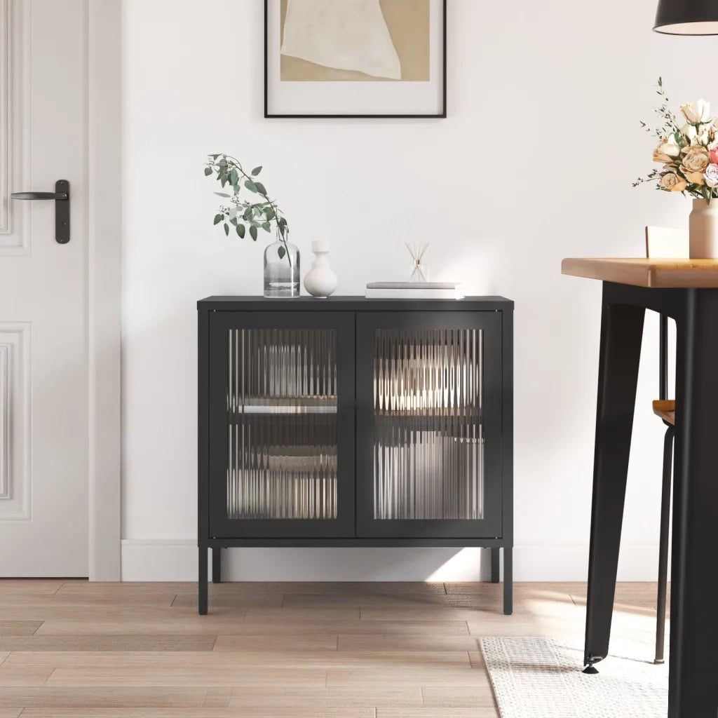 Credenza-Buffet-Armadio da cucina Nera 70x35x70 cm Vetro e Acciaio