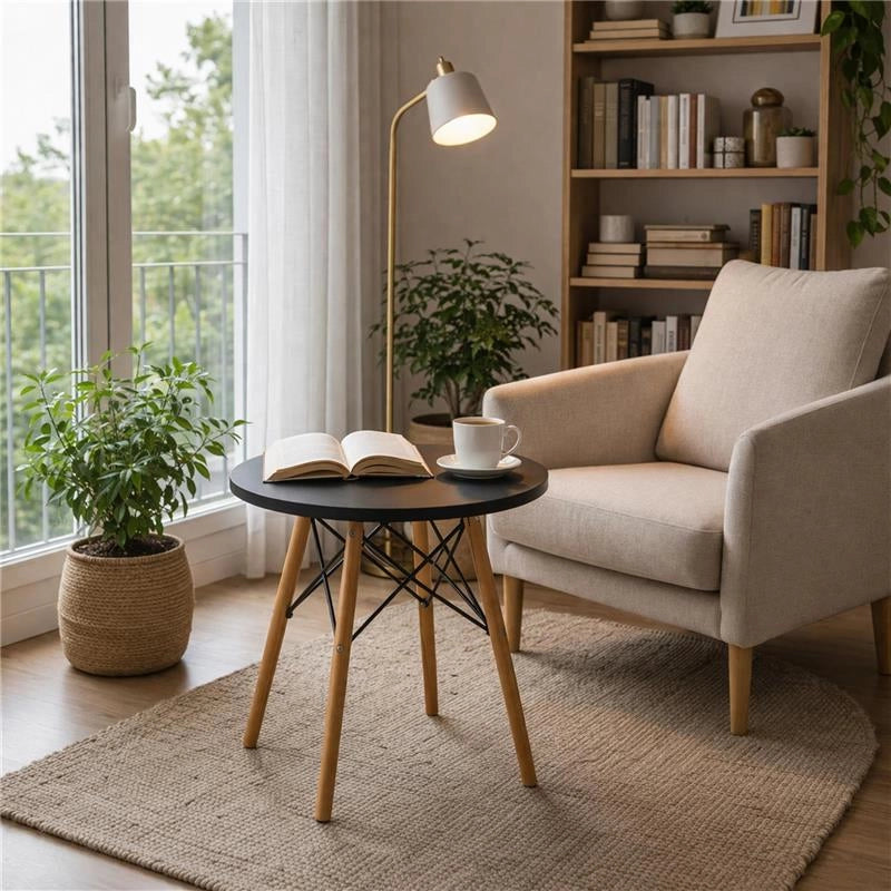 NAIROBI TAVOLO TONDO CON TOP NERO E GAMBE EFFETTO LEGNO 60 X 74 CM