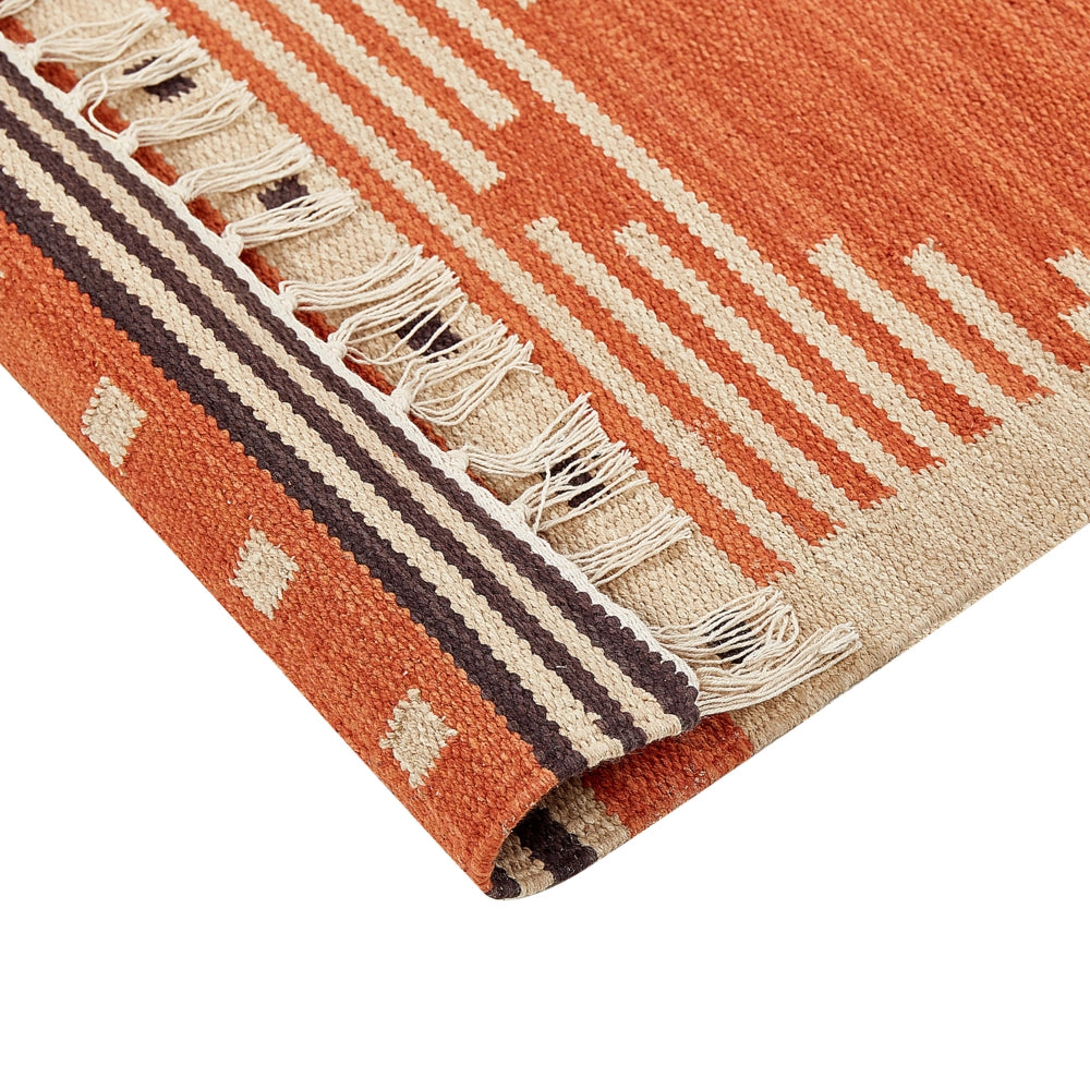 Tappeto Kilim in cotone multicolore 80 x 150 cm con motivo geometrico reversibile e frange Rettangolare Tradizionale