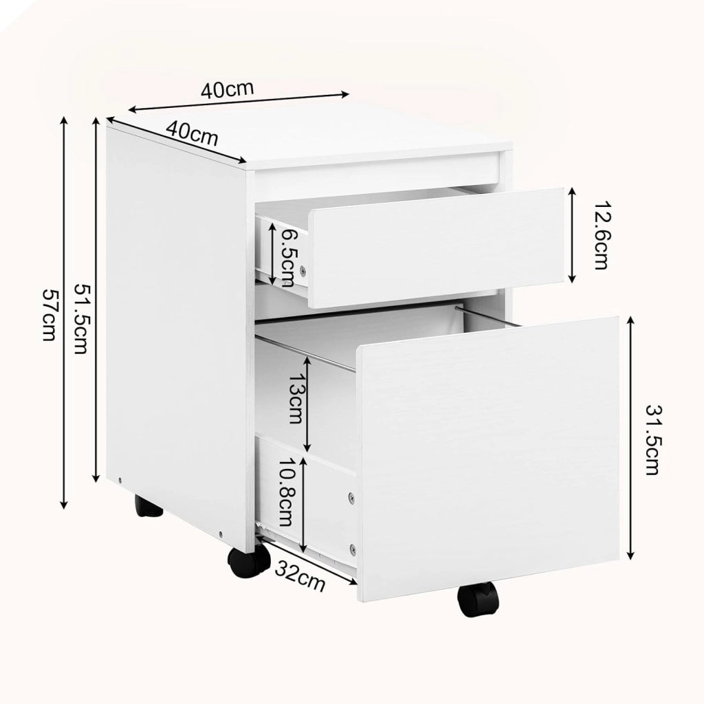 Cassettiera Scrivania con 2 Cassetti, Schedario con Rotelle, Schedario da Ufficio A4, in Legno PB, Bianco, 40x40x56cm, ASK11ws