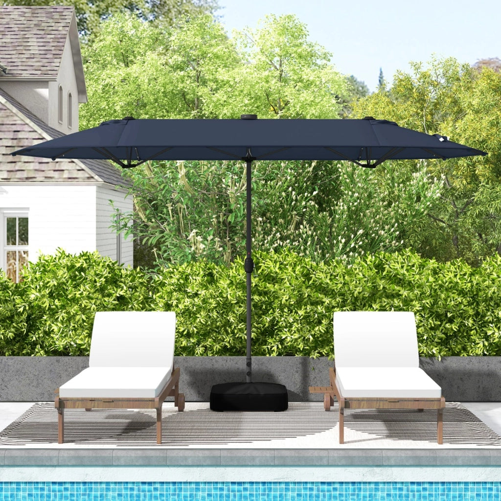 Ombrellone doppio da giardino con luci solari 4x2m, Ombrellone rettangolare grande con manovella base Blu