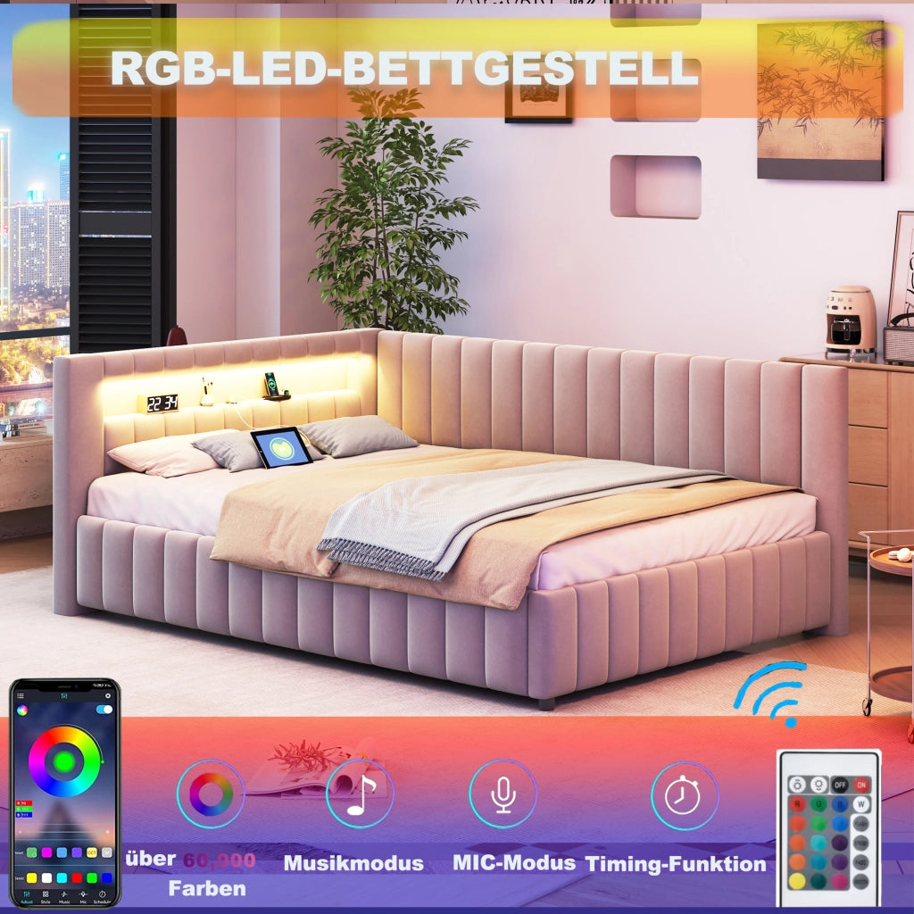 Letto divano imbottito 140 × 200 cm con luci LED, porta USB, schienale e testiera, senza materasso, grigio