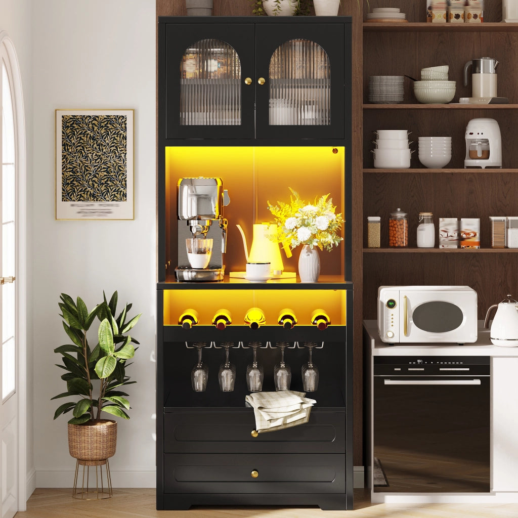 Credenza alta con ante in vetro curve LED con app e musica, ripiani regolabili, portabottiglie, nero 70 × 40 × 180 cm