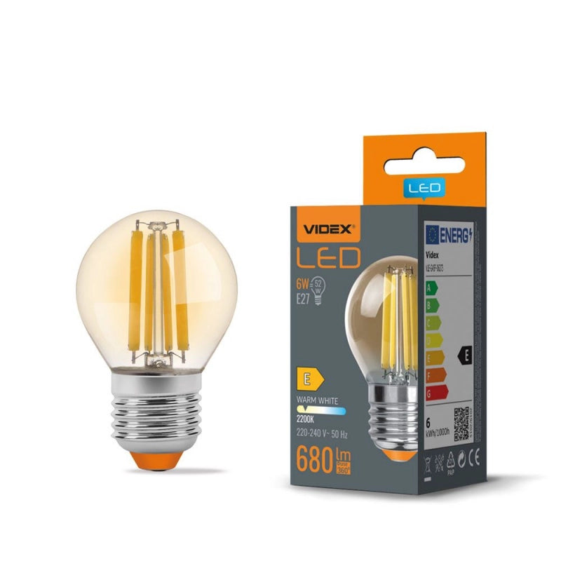 Lampadina LED Filamento G45 ambra 6W E27 680lm 2200K Videx