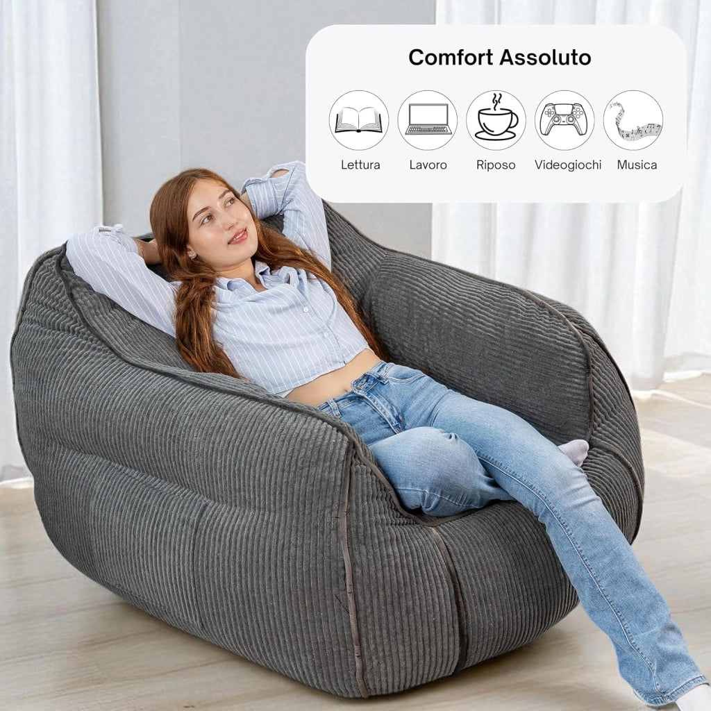 Pouf Poltrona per Salotto e Camera - Tessuto in Velluto a Coste Morbido ed Elegante - Poltrona Sacco Generosamente Imbottito, Ideale per un Ambiente Accogliente (Grigio Scuro)