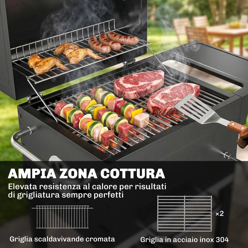 Barbecue a Carbone con Termometro per Patio e Giardino, Nero