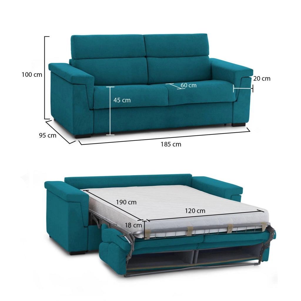 Rigolato, Divano Letto 2 Posti Sfoderabile Made in Italy, 185x95 cm Azzurro