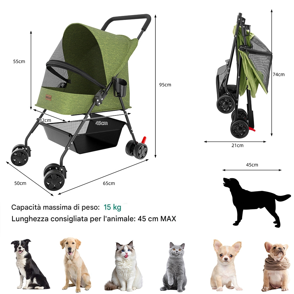 Passeggino per Cani e Gatti Carrozzina Animali Domestici Pieghevole Verde 15kg