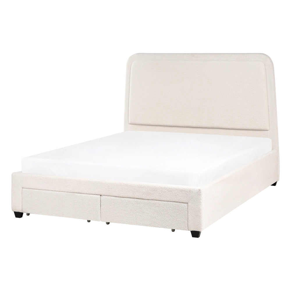 Letto imbottito in bouclé bianco panna 140 x 200 cm Design scandinavo con testiera morbida a cassetti