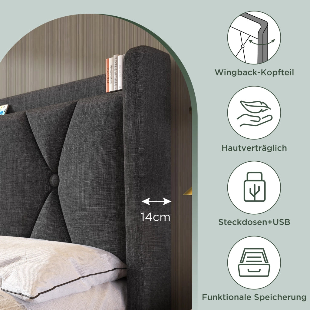 LETTO Contenitore 160x200 cm Grigio in lino con 4 cassetti