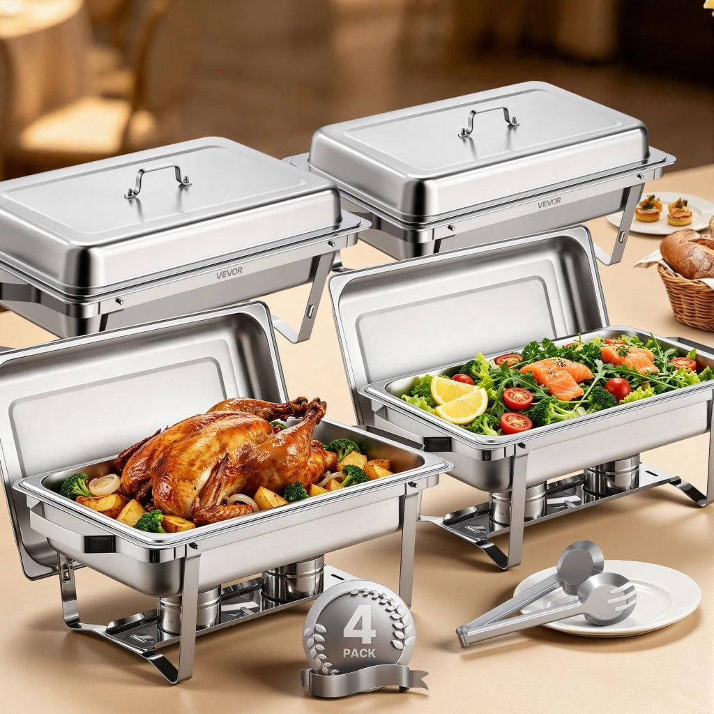 Set 4 Pezzi Scaldavivande Rettangolare 7,5 L Acciaio Inox HZ-433 per Buffet Feste Argento Robusto Pratico