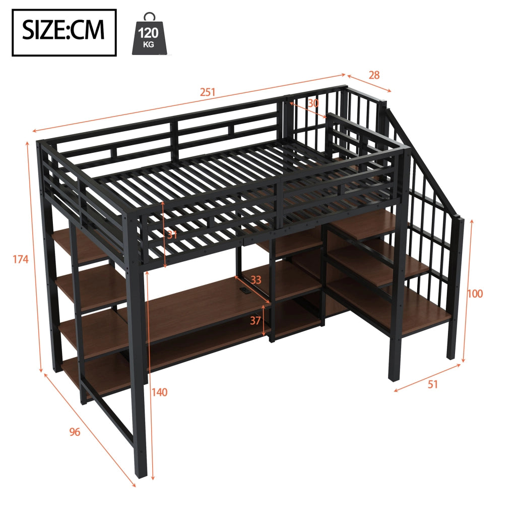 Letto a soppalco 90x200 cm nero con supporto TV, presa e scala contenitore