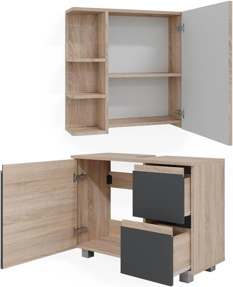 Set mobili bagno J-Shape, Sonoma, 80 cm, composto da specchio da bagno e mobile sottolavabo