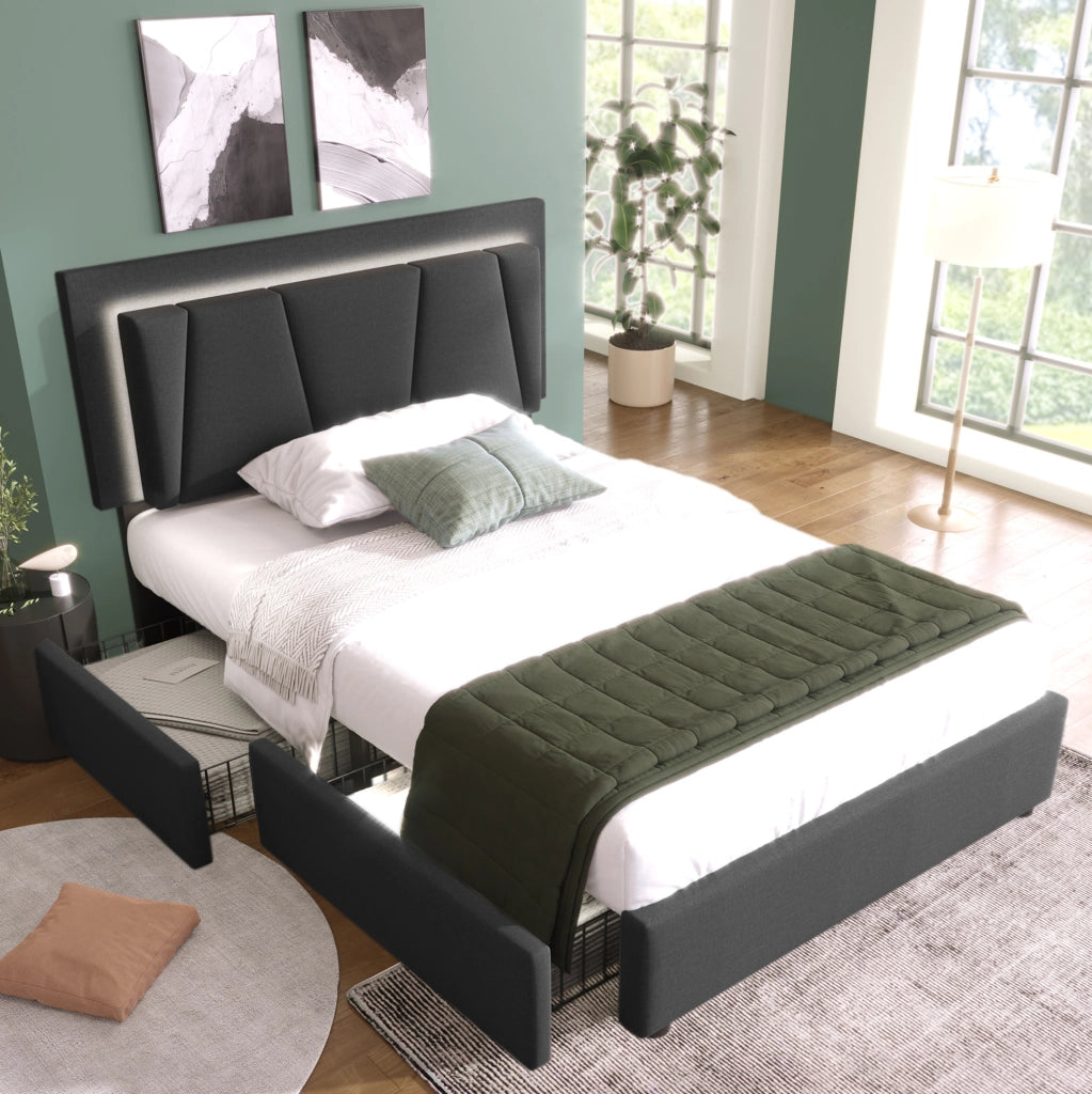Letto singolo 90x200 cm con LED e 2 cassetti; testiera regolabile; tessuto grigio
