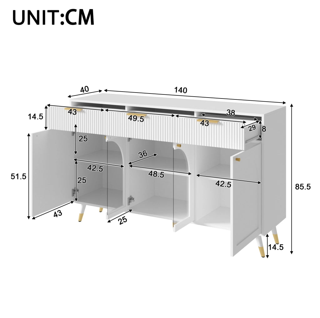 Credenza 4 ante e 3 cassetti con inserti in acrilico; bianca; 140x40x85;5 cm