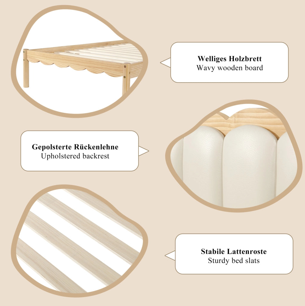 Letto imbottito per bambini con testiera a onda, 90x200 cm, beige e naturale