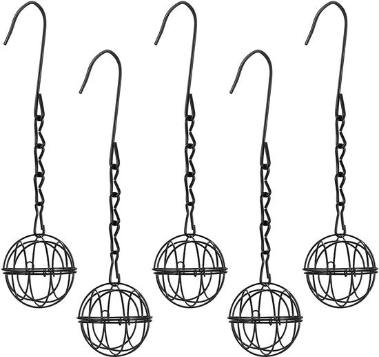 Set di 5 supporti per cibo per uccelli, supporto per stazione di alimentazione per uccelli da appendere, supporto per cibo metallico da 7 cm, supporto per cibo con coperchio oscillante, contenitore per cibo per cibi grassi per uccelli selvatici giardino.