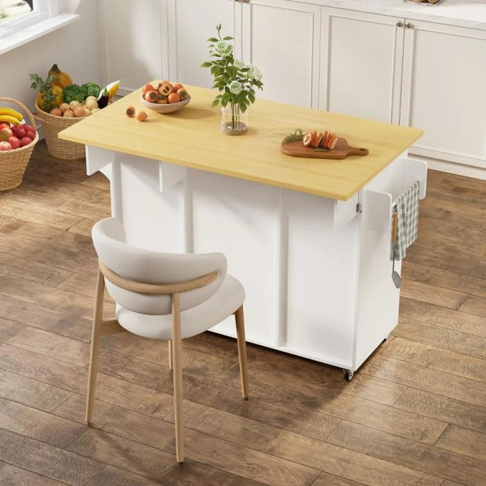 Isola su ruote 120x70 cm, piano ribaltabile, contenitore, 2 cassetti, portaspezie, rotelle bloccabili, MDF melaminico, stabile
