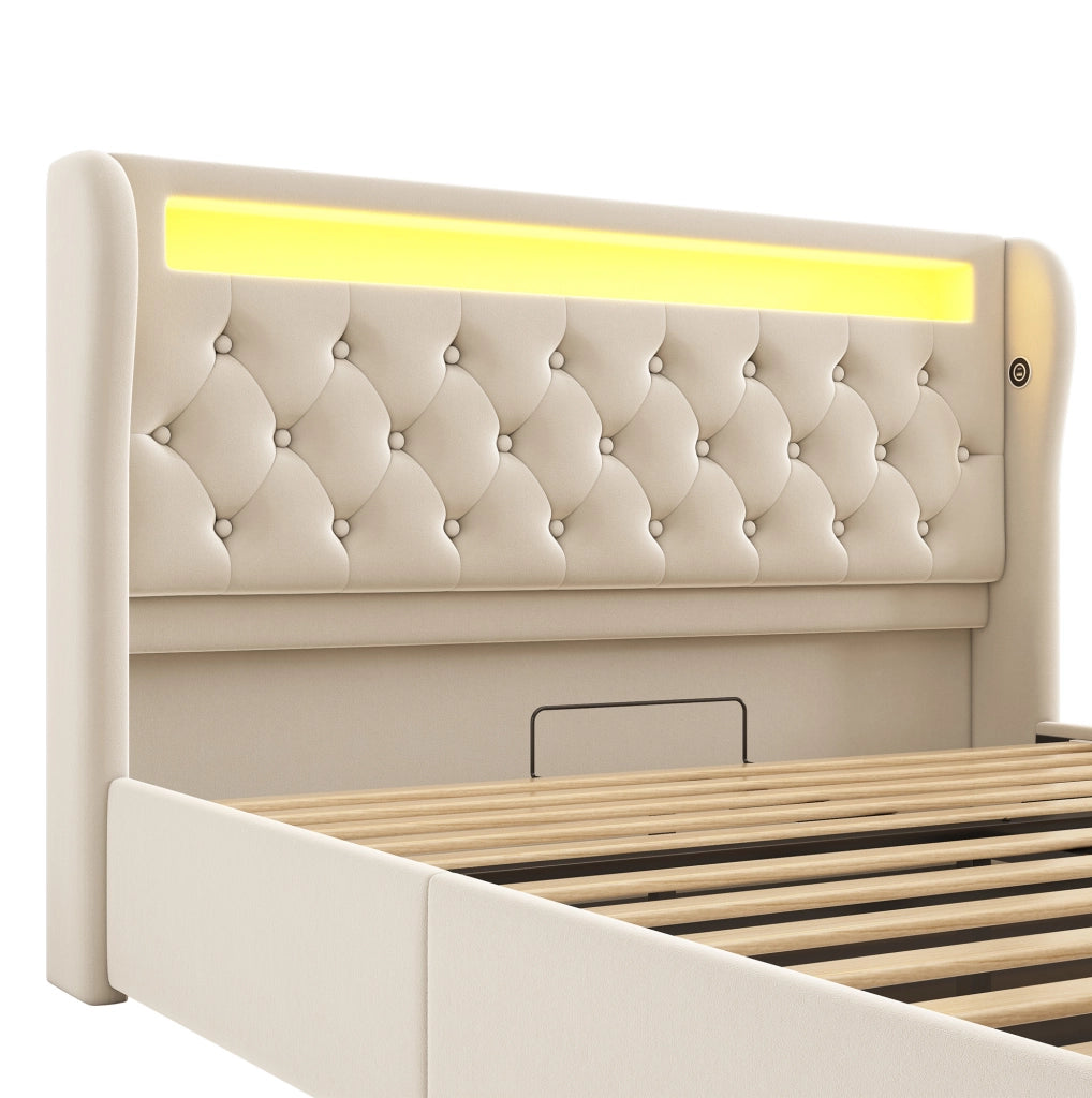 Letto matrimoniale imbottito 140x190 cm con LED; contenitore idraulico; USB e Type-C; beige
