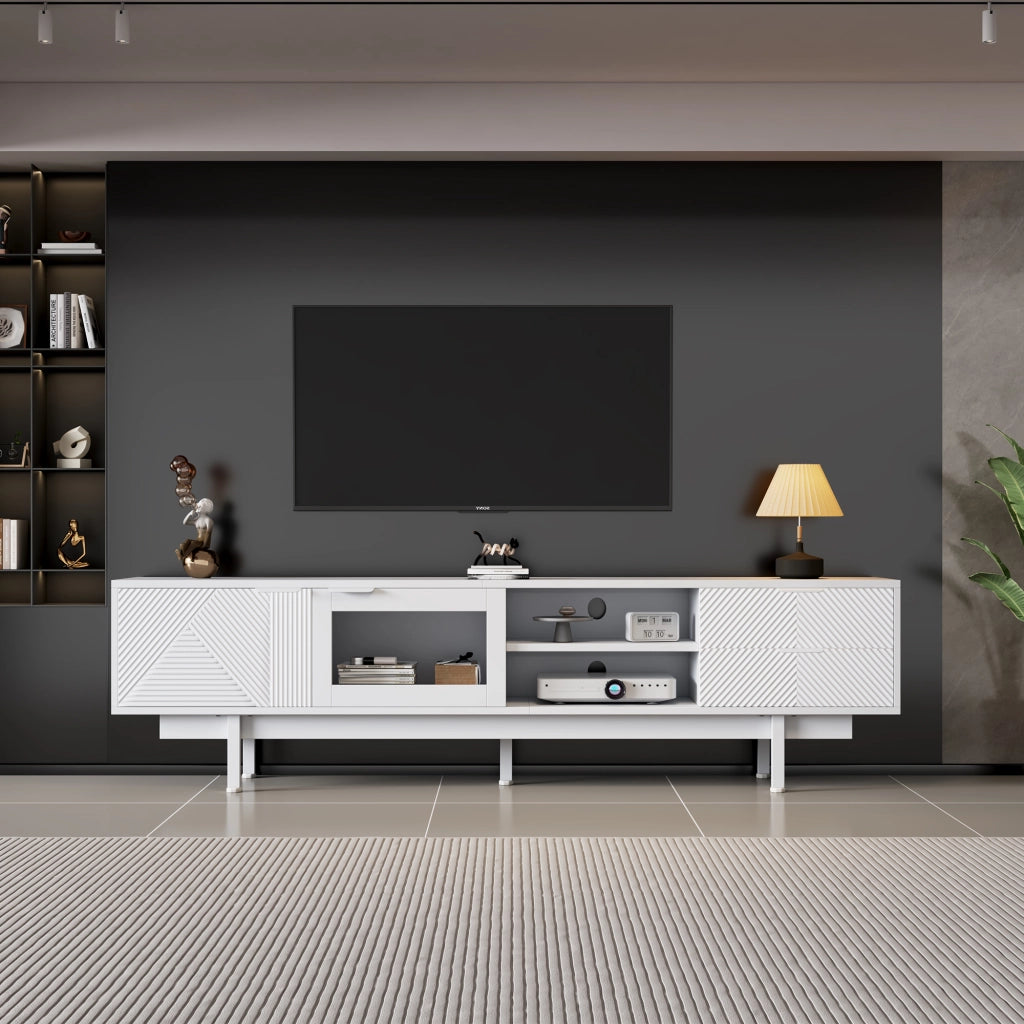 Mobile porta TV moderno con 2 ante e 2 cassetti in truciolare e vetro temperato bianco 200 × 40 × 50,5 cm