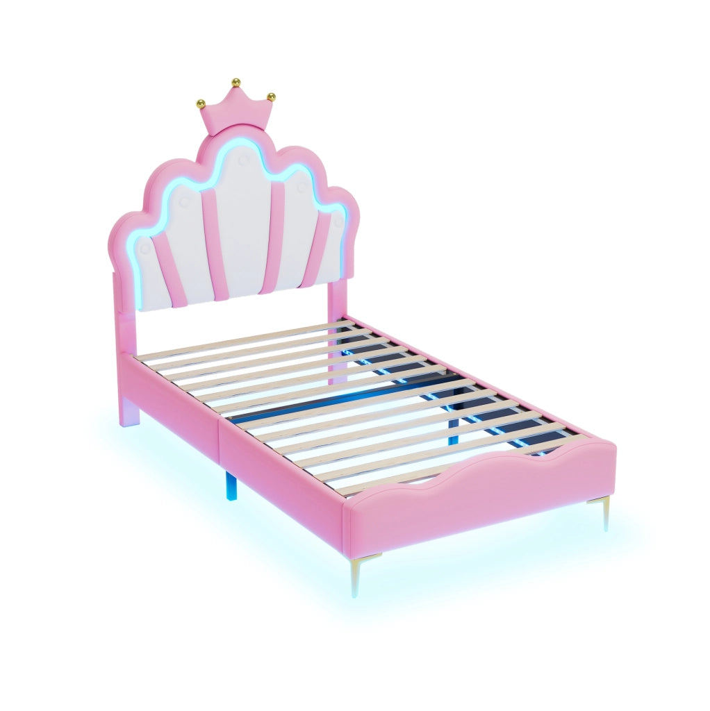 Letto singolo 90x200 cm con LED e testiera a nuvola; PU; rosa