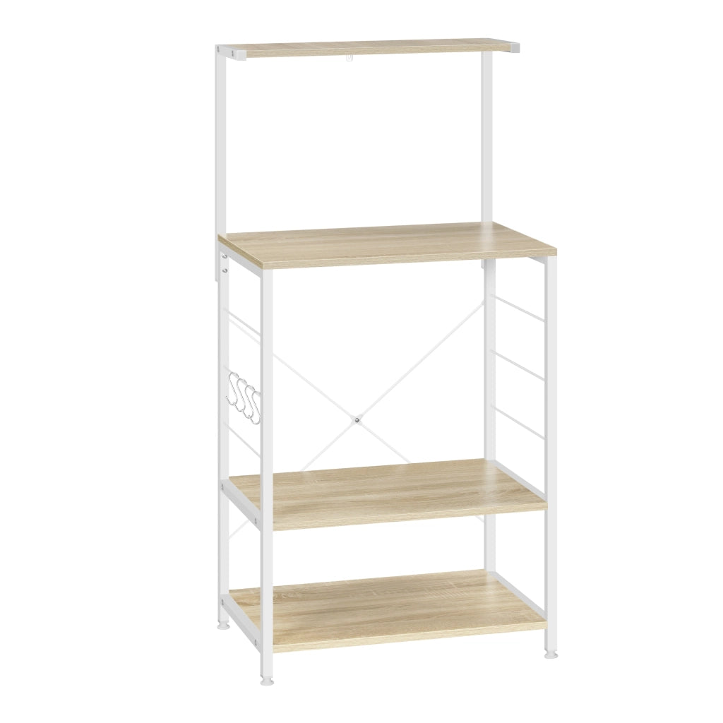 Scaffale da cucina multifunzione con 4 ripiani, struttura in acciaio e legno ingegnerizzato, bianco e rovere chiaro