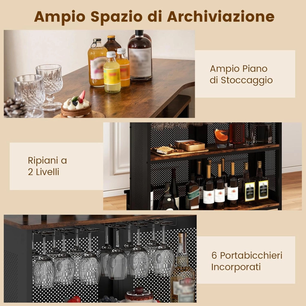 Mobile Portabottiglie a 4 Livelli, Portabottiglie per Vino da Terra con 2 Ripiani Porta Vini e Porta Calici, per Cantine, Sala da pranzo e Cucina (Naturale, 120 x 50 x 106,5 cm)