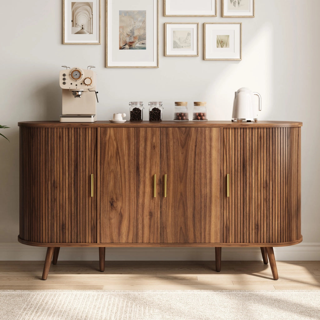 Credenza, mobile per l'ingresso, ante scorrevoli, maniglie in metallo, finitura effetto legno, colore noce
