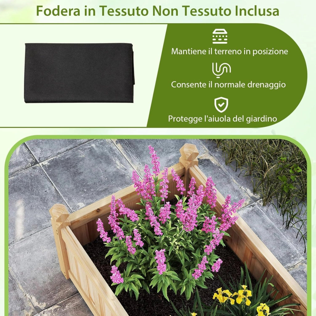 Letto da Esterno Rialzato in Legno, Fioriera Rettangolo con Divisorio, Sistema di Drenaggio, Fodera in Tessuto non Tessuto, Orto Rialzato per Giardino e Cortile, 227 x 59,5 x 40 cm (Naturale)
