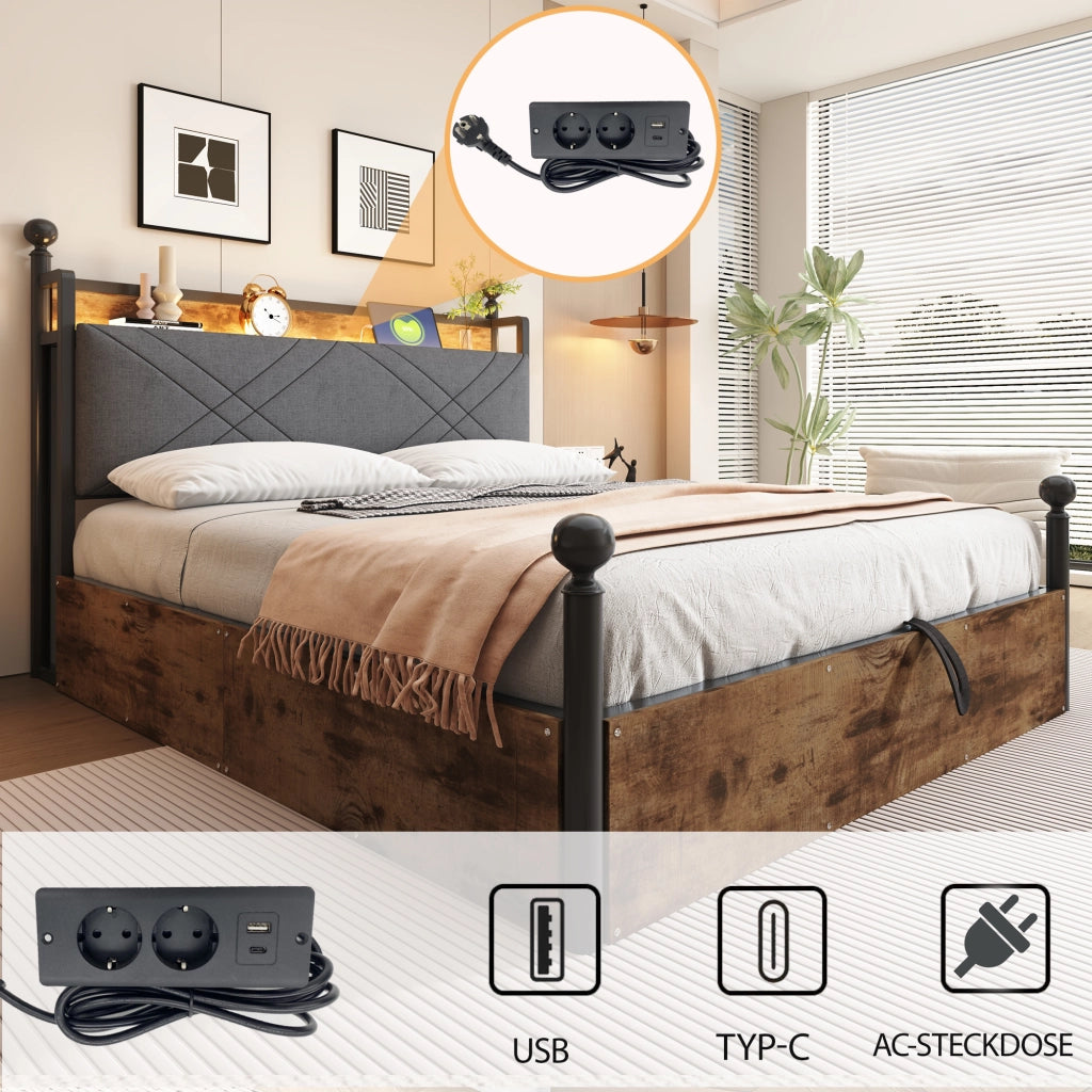 OKWISH Letto Contenitore 140×190 cm, Letto Matrimoniale con USB, Tipo C, LED Regolabile e 3 Cassetti, senza Materasso, in Metallo, Nero